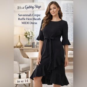 NWT Gabby Skye Women's Savannah Crepe Ruffle Hem Sheath Midi Dress